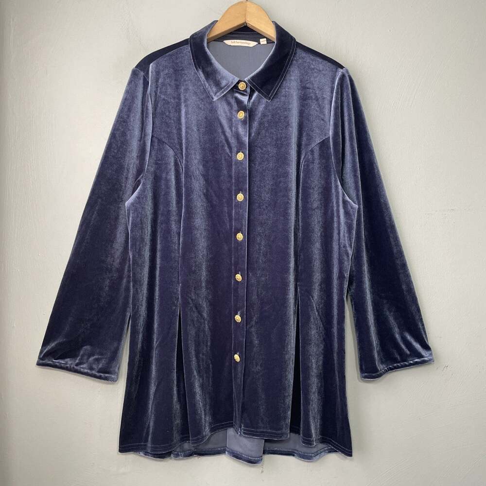 Soft Surroundings Velour Velvet Shirt Plus Size 1X Blue Gold Button Up Shirt